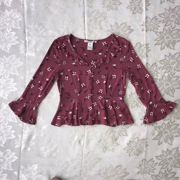 American Rag Floral Peplum Button Down Blouse Cardigan Bell Sleeve Ruffle Top S - Picture 1 of 14